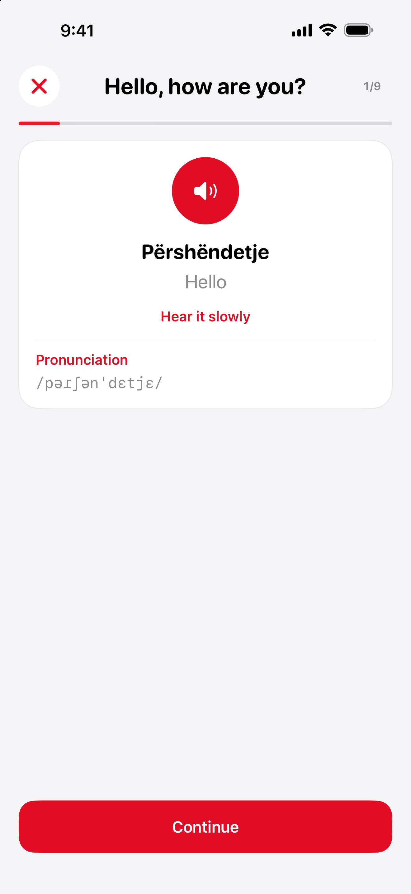 Alby's real lesson screen teaching Përshëndetje, meaning hello, with audio and slow playback