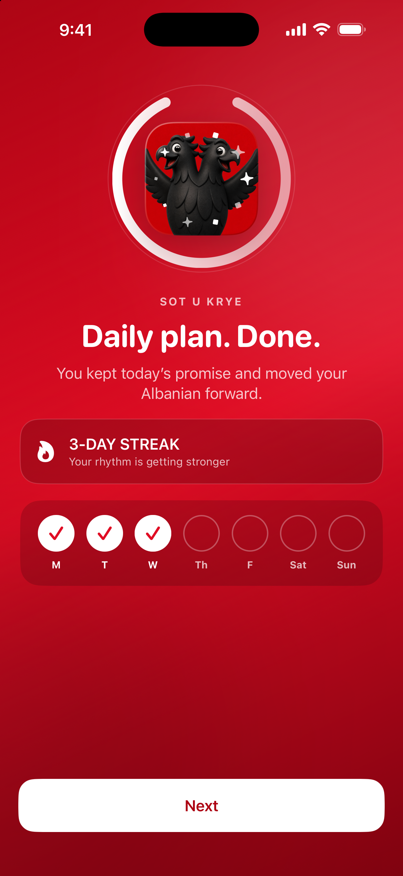 Alby's daily goal celebration with completed days of the week